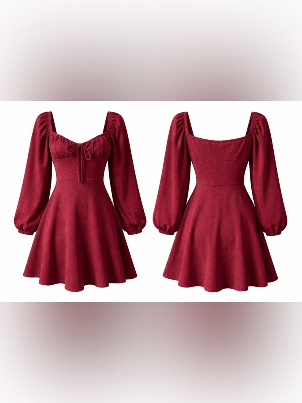 Glo Fashion Burgundy Long Sleeve Babydoll Dress Tie Front NWT Size M - Picture 3 of 3